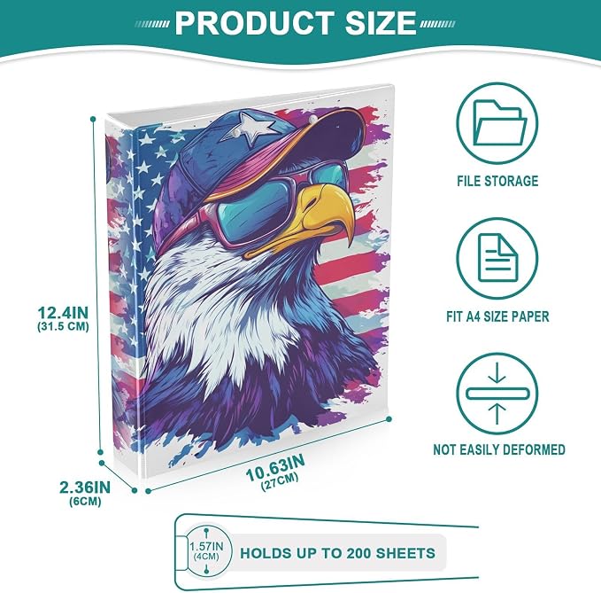 ALAZA 3 Ring Binder Bald Eagle American Flag Clipboard Round Ring Binder Holds 1.5 Inch Three Binders Heavy Duty Binders for Office Supplies, 1Pack