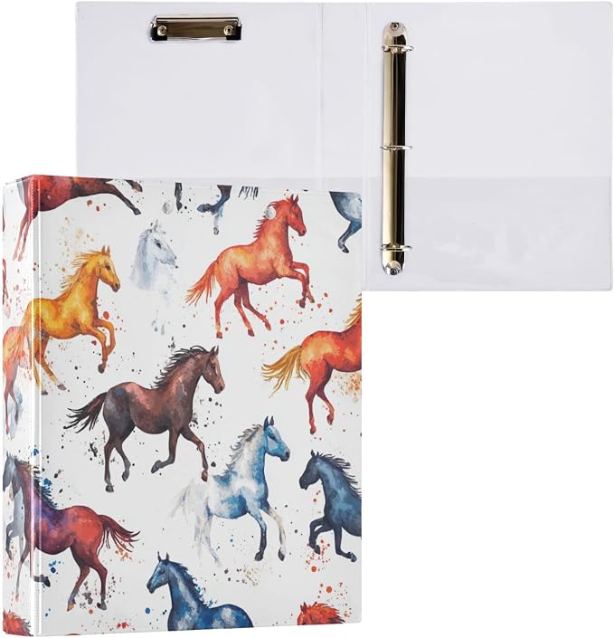 Watercolor Horses Decorative 3 Ring Binder 1.5 Inch Large View Binders with Pockets Holds 200 Sheets File Organizer for Office College School, 1 Pack