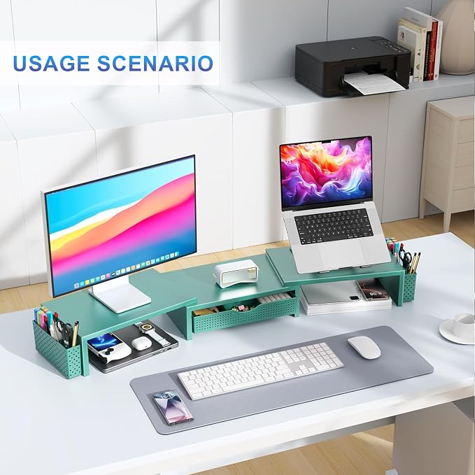gianotter Dual Monitor Stand Riser With Drawer and 2 Pen Holders | Computer Monitor Stand Desk Organizer and Accessories Desk Shelf for Top of Desk (Green)