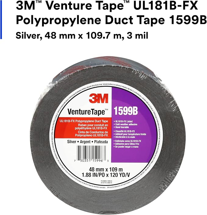 3M Venture Tape UL181B-FX Polypropylene Duct Tape 1599B, Silver, 48 mm x 109.7 m, 3 mil (Pack of 1)