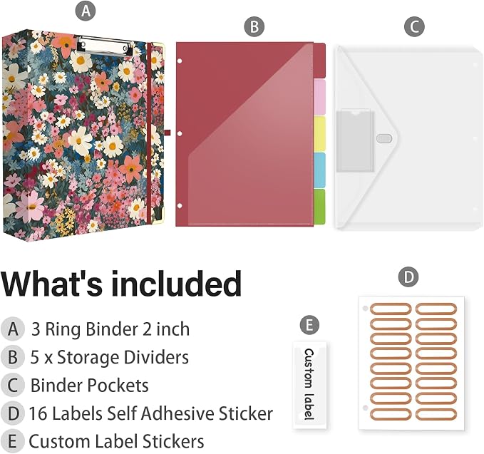 3 Ring Binder 2 Inch for Letter Size 8.5" x 11" Paper, Clipboard Binder with 5 Tabbed Dividers with Pockets, Plastic Folder and 40 Divider Stickers, School and Office Supplies, Colorful Flowers