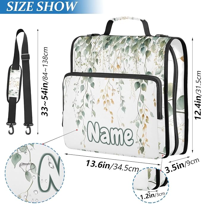 Custom Green Sage Leaves 3 Ring Binder Bag 1.5 inch Personalized Name Binder Organizer 500 Sheet Documents Storage for School Office