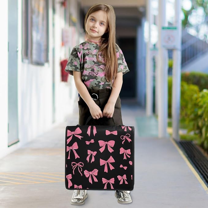 3 Ring Zipper Binder with Shoulder Strap Pink Bow Black I 2 Inch Zippered Binder Bag 500 Sheet Capacity Multi Pockets for School Supplies