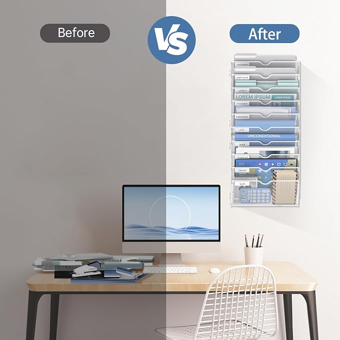 10-Tier Wall File Organizer and Hanging File Organizer, White | Wall Organizer and Wall Mounted File Holder with 14 Pockets and Label Panels for Files, Mail, Folders, Magazines and Paper