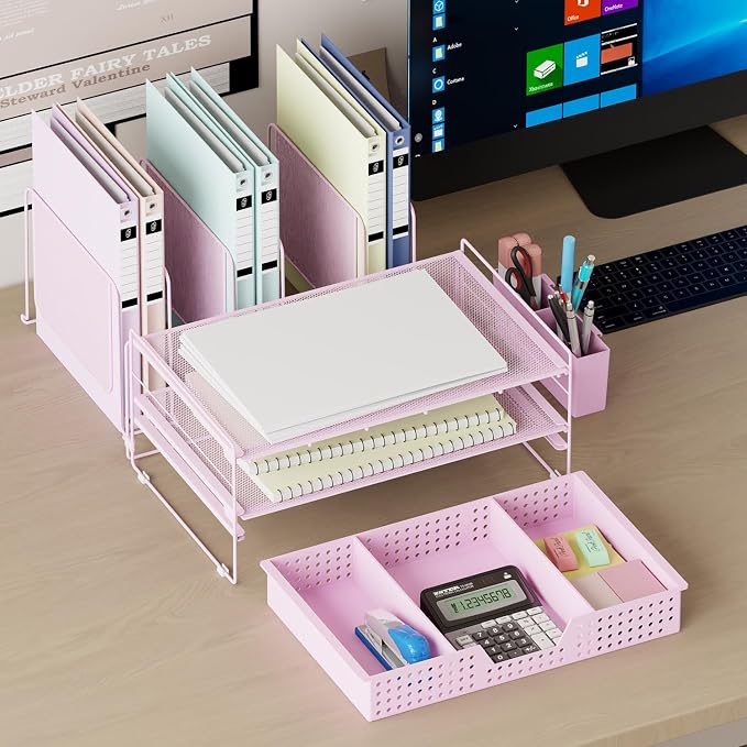 LEKETREE Pink Desk Organizer, Office Organization with Vertical File Holder, File Organizer with Drawer and Pen Holder, Desk Accessories and Workspace Organizers for Home Office (Pink)