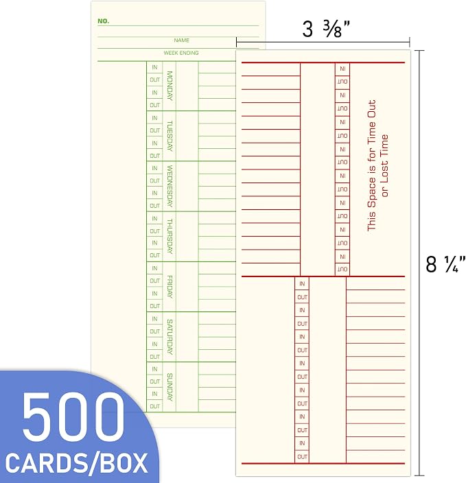 Weekly Time Cards 2-Sided, Named Days, 3-3/8" x 8-1/4", 500-Count, Time Cards for Employees, Green/Red Print, Timecards for Time Clocks