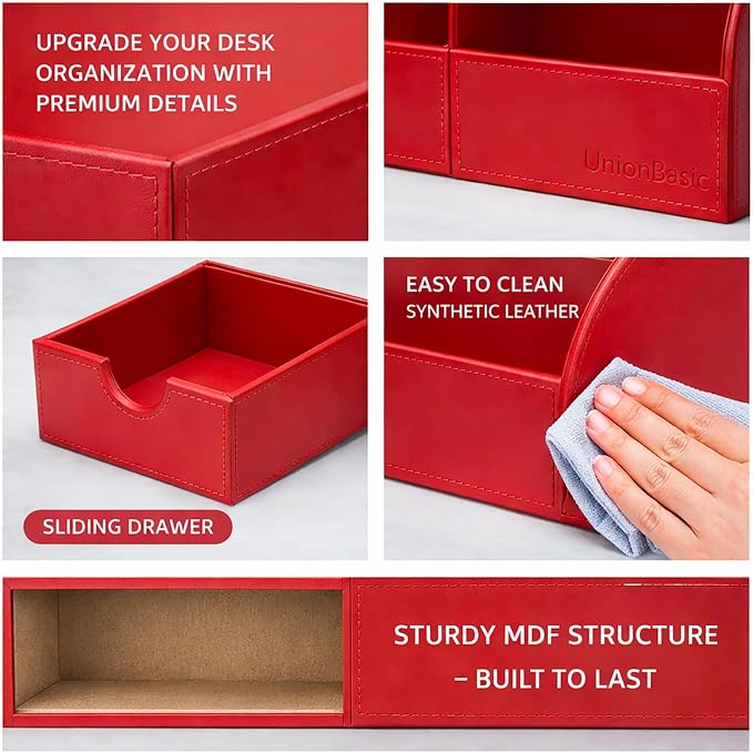 UnionBasic Desk Organizer - Multifunctional Leather Desktop Pen Holder Storage Box - Business Card/Pen/Pencil/Mobile Phone/Stationery Holder, Red