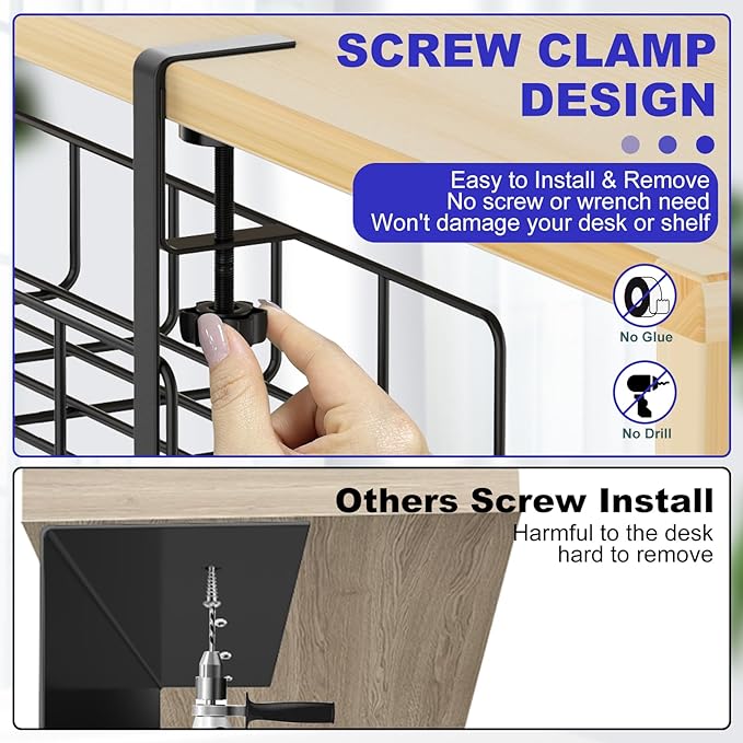 Under Desk Cable Management Tray, 31.5'' No Drill Steel Cable Tray Organizers, Wire Management Tray Cable Rack with Clamp Mount, Metal Under Desk Tray with Wire and Cord Organizer (Black, 2 Pack)