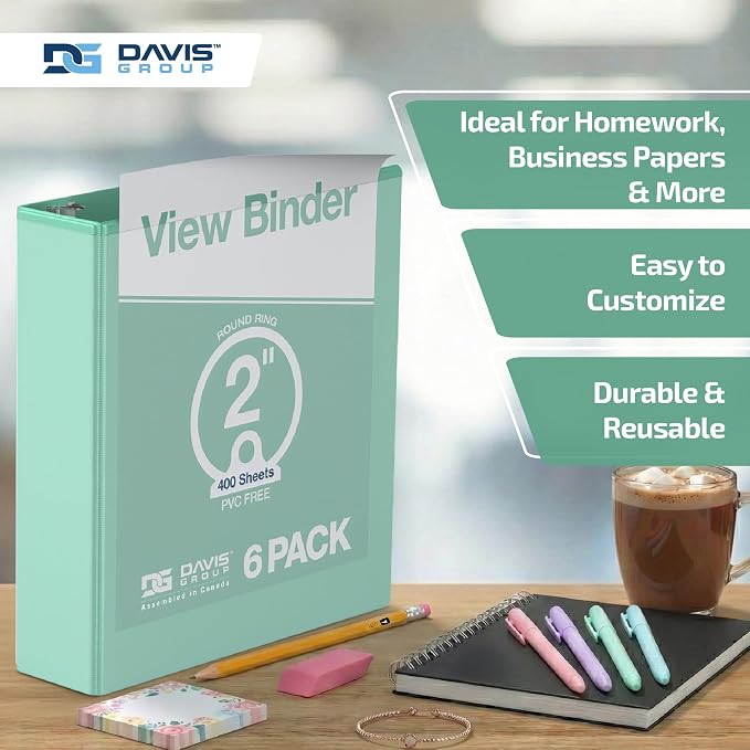 Pack of 6 Premium View Binders, Ring Binders with Clear-View Cover and Interior Pockets, Pastel Color Options, 2 Inch, Mint