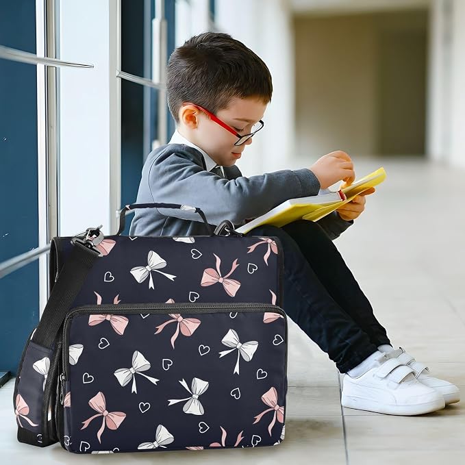 Bows Hearts Print 3 Ring Zipper Binder with Shoulder Strap & Handle 1.5 Inch D-Ring Zippered Bag with Pencil Pouch,Multiple Pocket & Expanding File Folder, Binder Organizer for School or Office