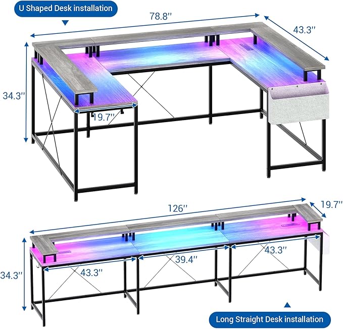 Reversible u Shaped to l Shaped Computer Desk with RGB Lighting & Charging Station, 79 Inch Home Office Workstation with Full Monitor Stand, Heavy Duty Gaming Desk Supporting 600LBS, Multiple Color Op