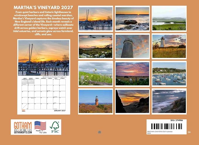 Marthas Vineyard Calendar 2027 Monthly Wall Calender 12 Month | American Made In The USA