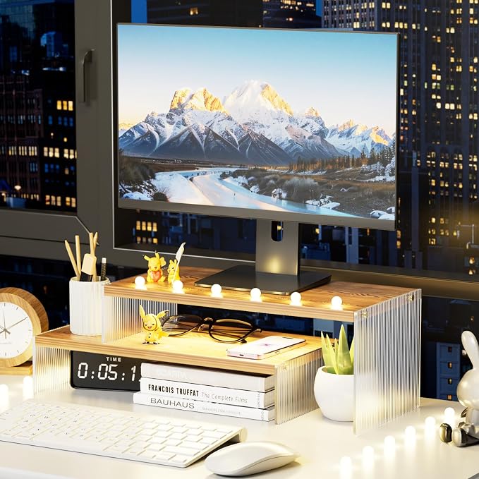 YGYQZ Adjustable Monitor Stand Riser, 7.67"×15.74" Dual Monitor Desk Stand | Adjustable Monitor Riser, Expandable Desk Organizer, 2-Tier Storage, Acrylic Legs, Ergonomic Workspace, Wood Wavy