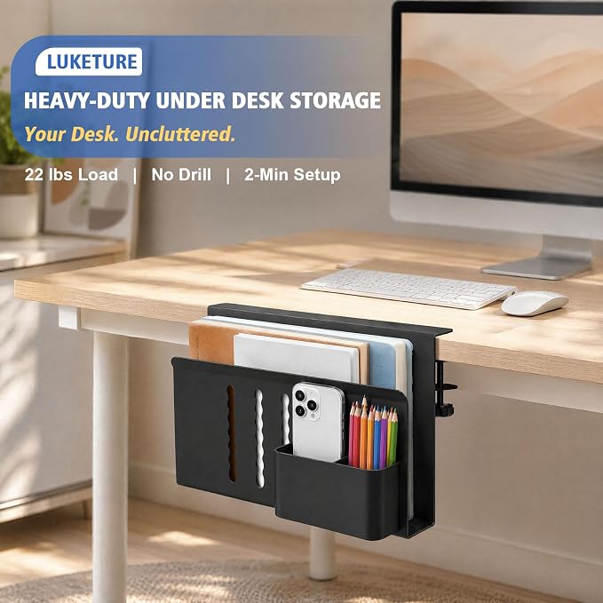 LUKETURE Desk Side Storage Laptop Holder No Drill Clamp On Organizer | Steel Side Desk Organizer, Clamp on Laptop Mount with Pen Holder, Hanging Storage for Home Office, Fits 0.3" to 2.8"