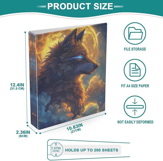 Cool Wolf Moon 1.5 Inch 3 Round Ring Binders with Pocket Clip, Holds 200 Sheets Documents for Office Classroom Student Organization Hard d Ring Binders with Printed