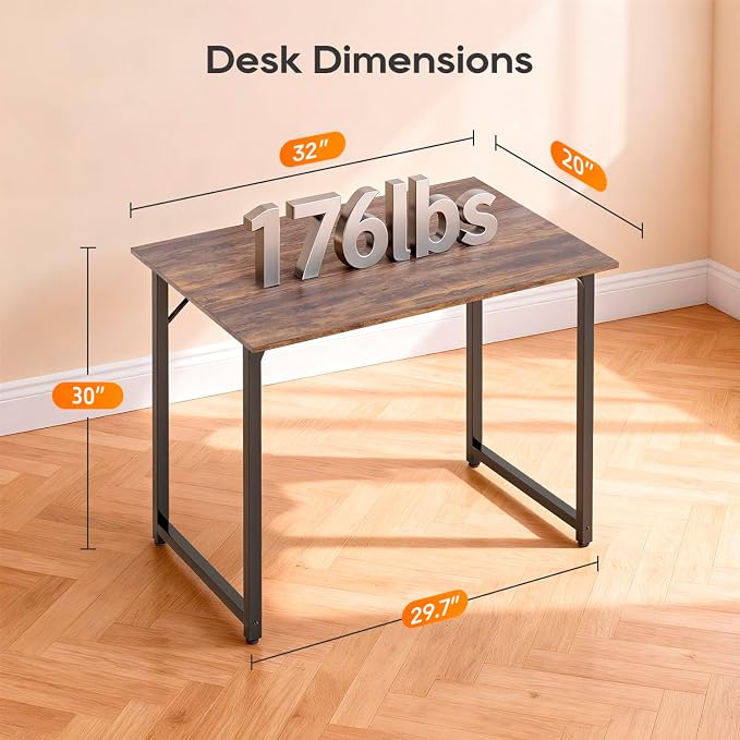 PayLessHere | 32 Inch Computer Desk | Brown | Sturdy Office Desk | Metal Frame, Adjustable Feet | Water-Resistant, Scratchproof Surface | Writing Table for Home Office or Study | Pack of 1