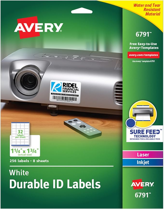 Avery® Durable ID Labels, Permanent Adhesive, 1-1/4" x 1-3/4", Pack of 256 (6791)