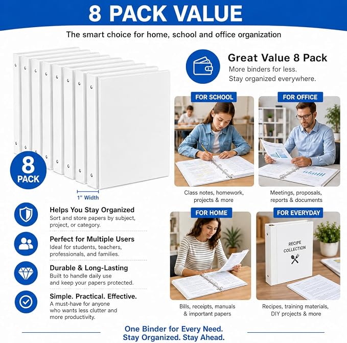 Durable 1 inch 3 Ring Binder White 8 Pack, PVC-Free Clear View Binder with 2 Interior Pockets, Holds 200 Sheets of 8.5" x 11" Paper for Teachers, Back to School,Home Office & Organization