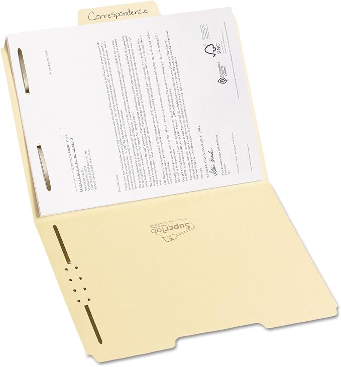 Smead SuperTab® Fastener File Folder, 2 Fasteners, Oversized Reinforced 1/3- Cut Tab, Guide Height, Letter Size, Manila, 50 Each per Box (14535)