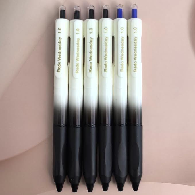 Fengtaiyuan Retractable Gel Pens, 1.0mm Bold Point Assorted Colors (4Black + 2Blue) Quick Dry Ink, Gradient Black-White Barrel with Ergonomic Non-Slip Grip, Smooth Writing [Pack of 6]