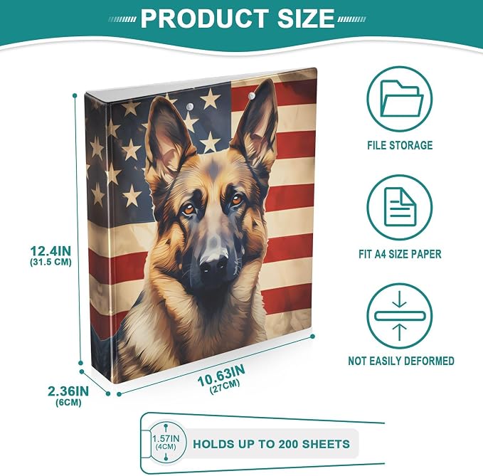 3 Ring Binder Dog German Shepherd American Flag 1.5" Round Ring Binders View Binder with 200 Sheet for Kids School Supplies Women Men Office, 1 Pack