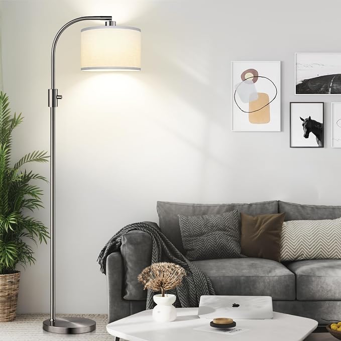Nintiue Upgraded Modern Arc Dimmable Tall Standing Floor Lamp with Linen Shade, 1200 Lumens LED Bulb Included, for Living & Reading Room, Bedroom, Office & Nursery, Brushed Nickel