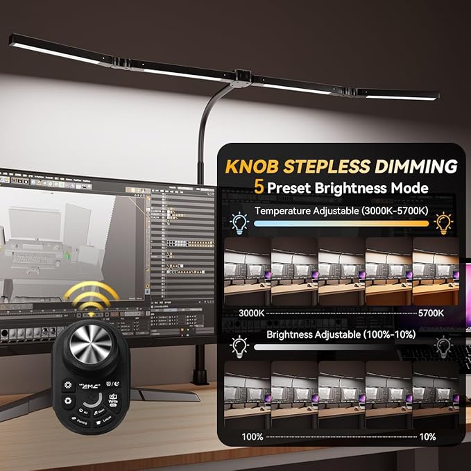 Adjustable LED Desk Lamp with Clamp, 4-Head Eye-Caring CRI95+ Desk Light, Stepless Dimming & Color Temp Remote Control, Flexible Neck, 5-Mode for Reading, Computer, Crafting, 90" Wide Desk Coverage