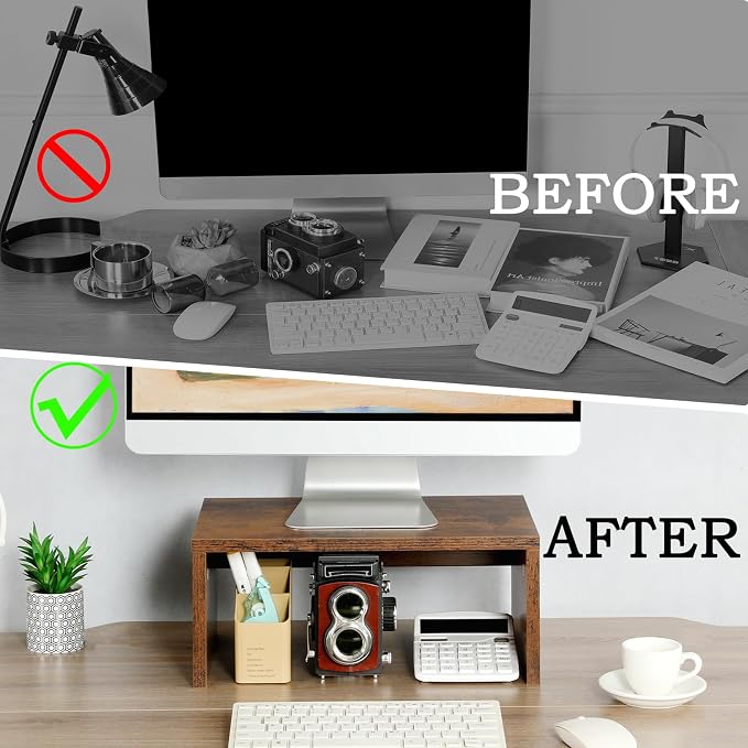 TEAMIX 6.7 inch Tall Monitor Stand Riser, Wood Shelf Riser, Desk Organizer | Laptop/Printer/Computer Stand, Extra Storage Underneath,Hold 80 Lbs, Rustic Design, Smooth Espresso Finish, for Home Office