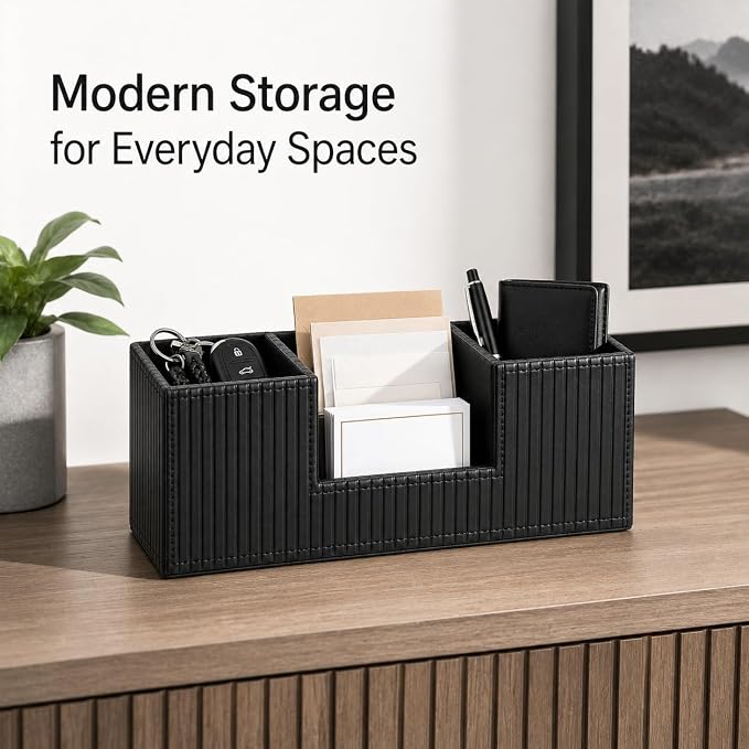 GORESE Pen Holder for Desk, PU Leather Desk Organizer for Office, Black | 4-Compartment, Vegan Leather, Office Supplies, Desk Caddy Nightstand Organizer for Pen, Pencil, Remote Control, Business Card