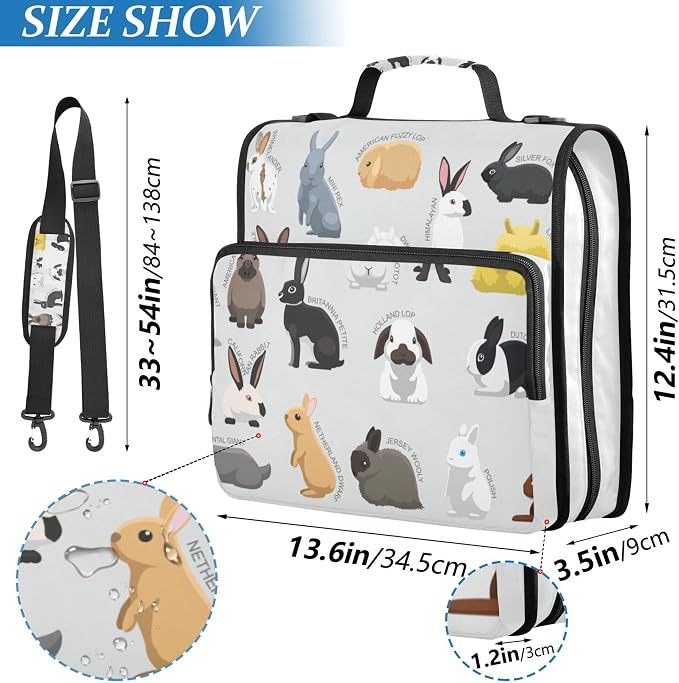 Fisyme Rabbit Bunny Zipper Binder 3 Ring with Zipper and Shoulder Strap Large Capacity Multi-Pocket Binder Organizer