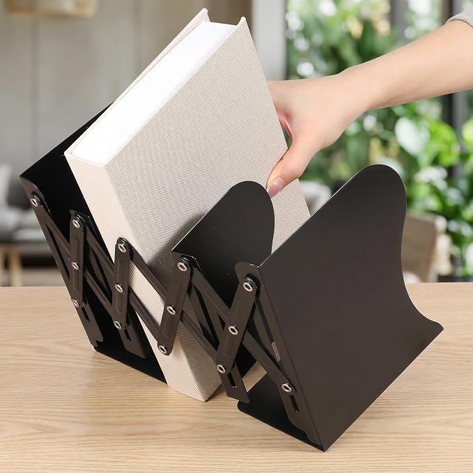 2 Pcs Adjustable Bookends, 2 Dividers, Metal Book Ends | for Heavy Books Anti-Slip Book Organizer for Desk Shelves Office, Extends up to 19 inch (Black)