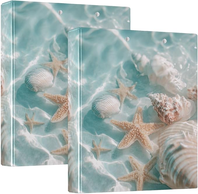 Blue Beach Seashells and Starfish Binder 3 Ring 1.5 Inch Binder with Clipboard&Pockets, Hardcover Binders Heavy Duty Large File Folder for Office School Supplies - Holds 200 Sheets, 2 PC