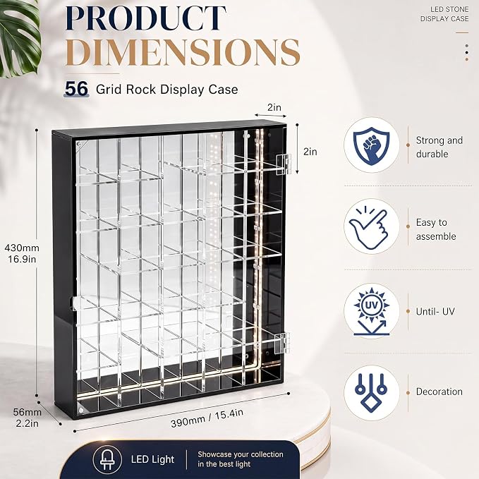 Cinnvoice Rock Display Case 56 Grids,Black Border with LED,Square | Adjustable Acrylic Display Case, Crystal Organizer for Collectible, with Built-in Mirrored, Magnetic Door, Wall Mount