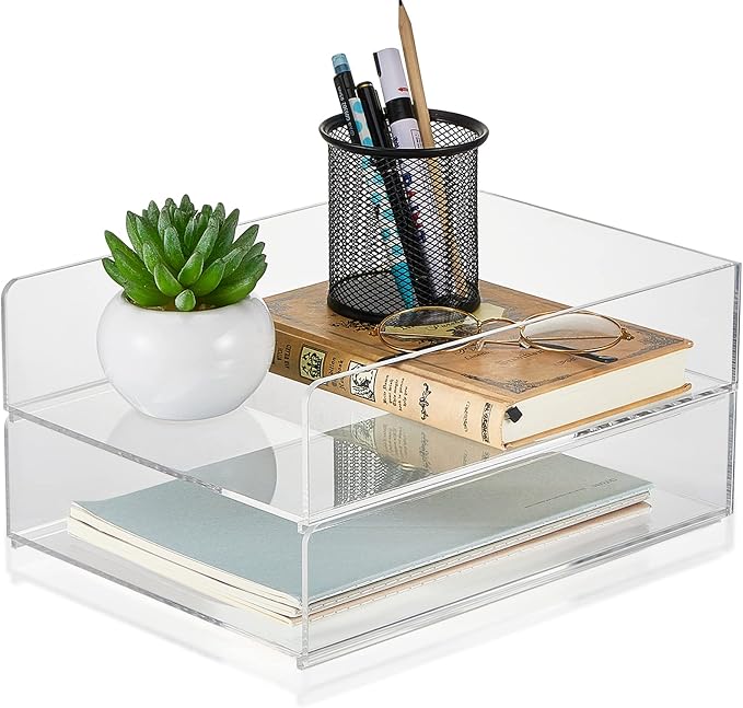 2 Pcs Acrylic Desk Organizers and Accessories Tier Paper File Organizer Tray Stackable Document Clear Desk Accessories for Office Workspace Organization (12.01 x 9.25 x 2.68 Inch)