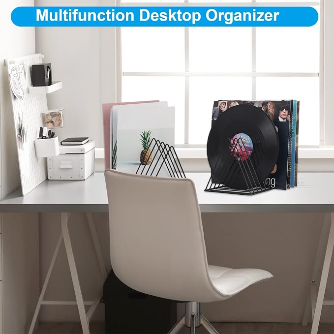 Vinyl Record Holder Storage, 9 Slot Metal Magazine Book Album Display Rack, Stylish Triangle Desktop File Sorter Organizer for Home Office, Black