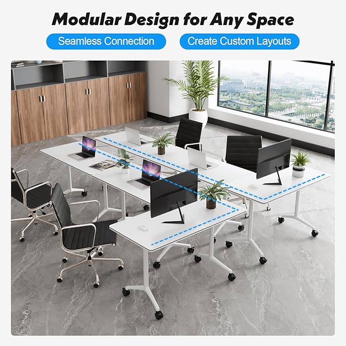 Goakwwuz Conference Room Table, Folding Conference Tables,Thicken Grey Tabletop,Flip Top Wooden Seminar Meeting Room Table for Conference Room Offices (2, White, 55.1”)