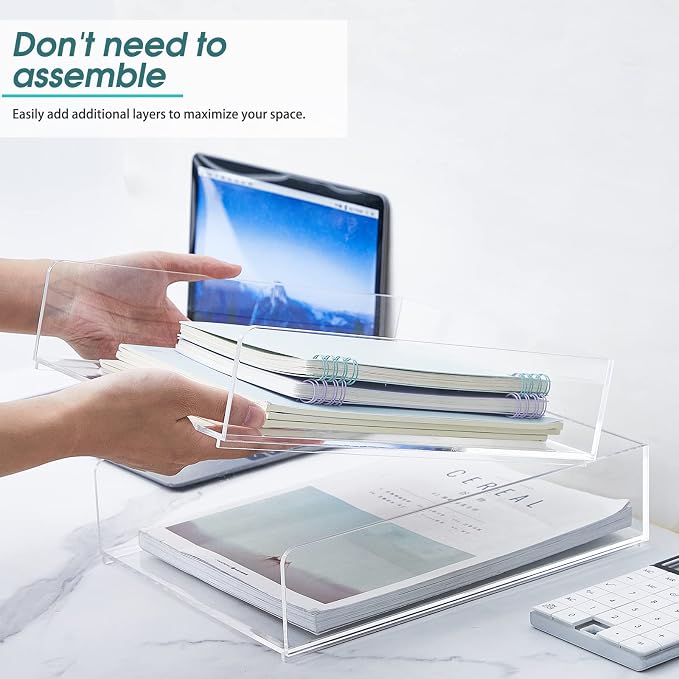 2 Pcs Acrylic Desk Organizers and Accessories Tier Paper File Organizer Tray Stackable Document Clear Desk Accessories for Office Workspace Organization (12.01 x 9.25 x 2.68 Inch)