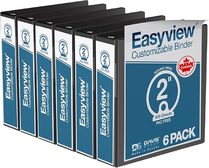 Easyview 3-Ring Binder, Clear-View Cover, 2" Round Rings, 6 Pack | Heavy-duty binder, fits 8.5" x 11" paper, black, customizable cover, made in Canada, ideal for school or office use