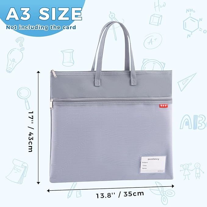Pendancy Mesh Zipper Pouch A3 Size, Large Double Pocket Waterproof File Bag with Handle, 13x17 in Foldable Document Storage for Puzzle Project/Cross Stitch/Travel/Office（Advanced Gray）