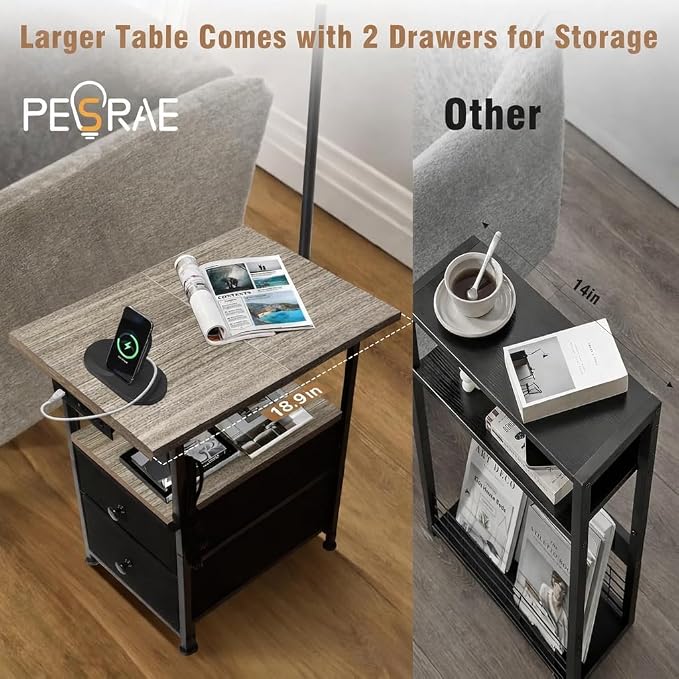 PESRAE Floor Lamp with Table & 2 Drawers, End Table with 3 Color Temperature Reading Light, Side Table Lamp with USB & Type C & AC Charging Port for Living Room, Home Office, Vintage Grey
