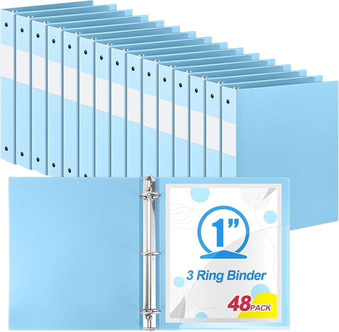 Henoyso 48 Pack 1 Inch 3 Ring Plastic Binders, Bulk Flexible PP Binders for Classroom & School Supplies, Letter Size 8.5 x 11, Holds 240 Sheets with Interior Pocket (Light Blue)