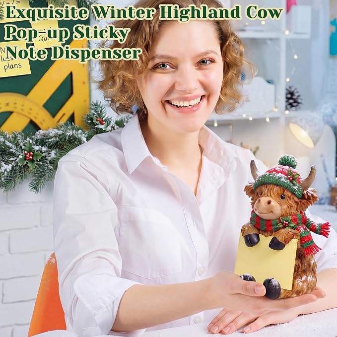 Thenshop Christmas Highland Cow Pop up Sticky Note Dispenser with 100 Sheet | Christmas Sticky Note Holder, Highland Cow Desk Accessories, Resin, Red Green Scarf Hat, Back to School Classroom, 3 x 3 Inch