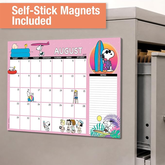 Current 2027-2028 Desk Calendar Pad | Peanuts, 11” x 16.25”, Large, 2024-Month, 12 page Designs, Self-Stick Magnet Strips