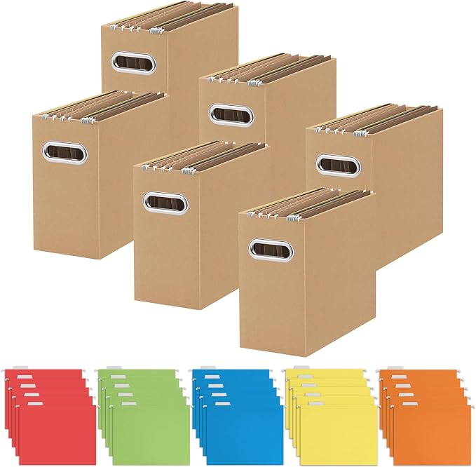 Oterri 6 Pack Brown File Organizer, Small Storage Box and 25 Pack Hanging File Folders