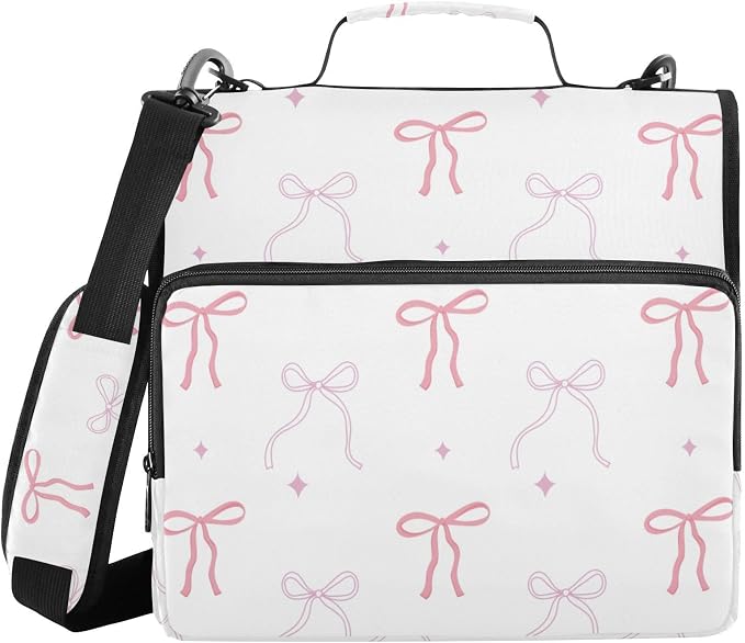 Pink Bows Star White Zipper Binder with Shoulder Strap Bag 3 Ring Binder Organizer Large Capacity Multiple Compartments for School Office