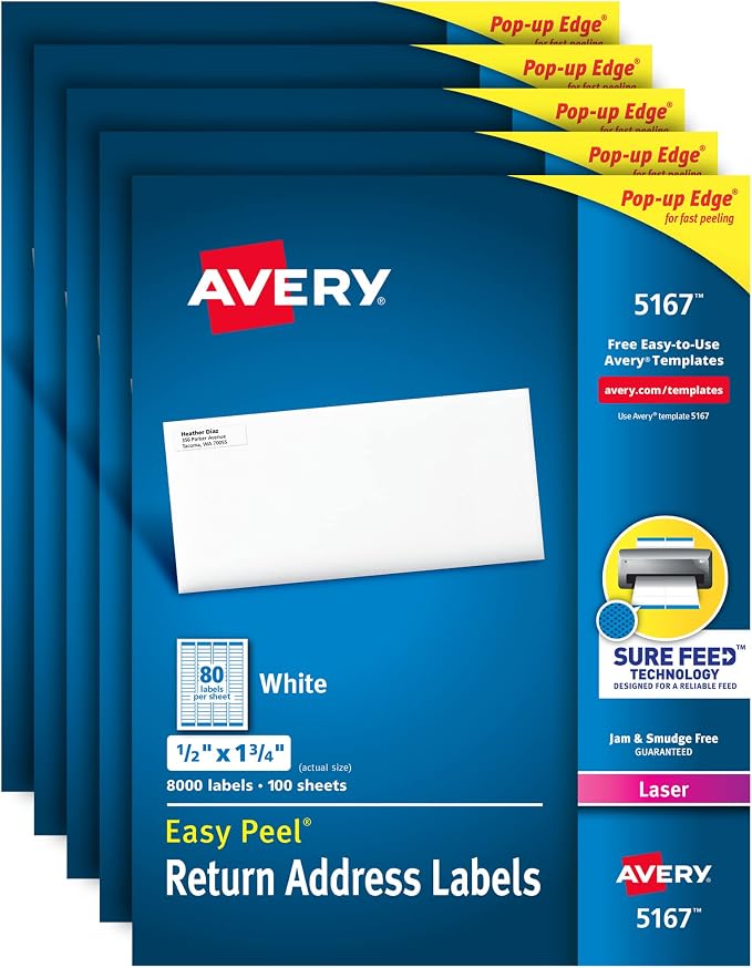 Avery Mailing Address Labels, Laser Printers, 40,000 Labels, 1/2 x 1-3/4, Permanent Adhesive, Easy Peel (5 packs 5167)