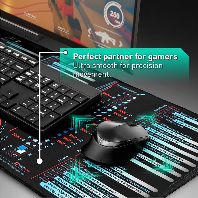 Pixiecube Windows, Office, Excel, Adobe Photoshop Shortcut Keys Extended Large Mouse Pad | Gaming Desk Mat for PC. Stitched Edge Non-Slip Base Mousepad, Keyboard Mat