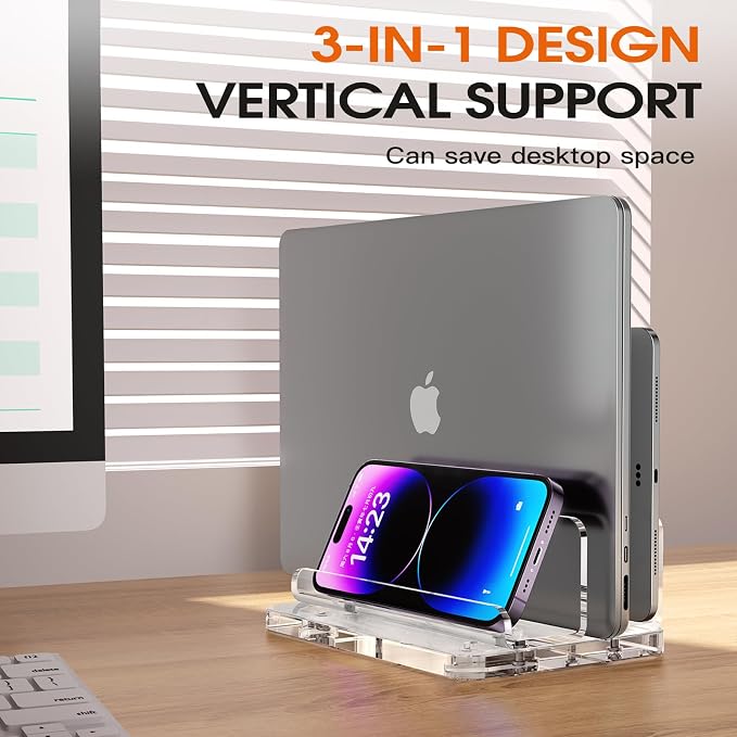 Acrylic Vertical Laptop Stand, 3-in-1 Design with Adjustable Slot Width | Clear Laptop Holder Desktop Space Saving, Supports Suitable for MacBook, IPad, IPhone, Chromebook, Surface, Samsung, Etc