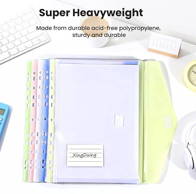 11-Hole Binder Pockets, Fits Letter/A4 Size for 2/3/4 Ring Binder, 10 Pack | Plastic Expanding File Folders with Label & Hook-Loop Closure, 200-Sheet Capacity, Suitable for Home, Office, School