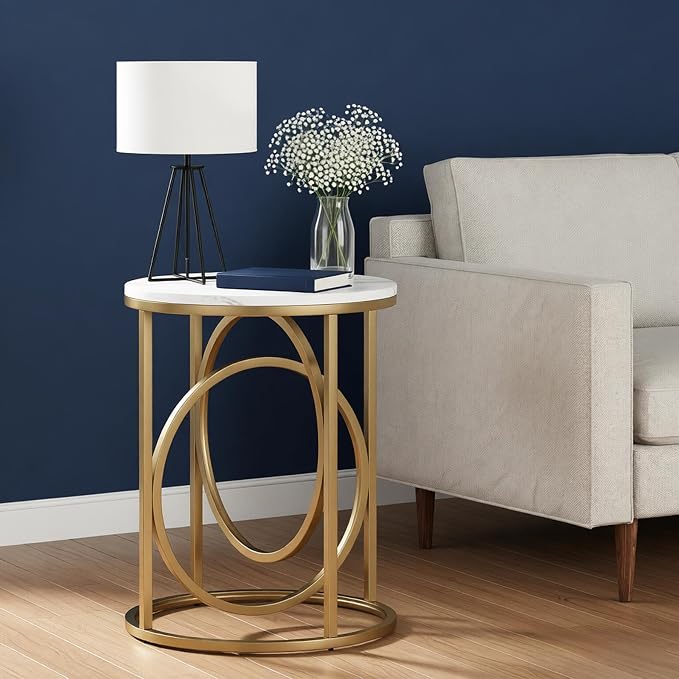 LITTLE TREE 20” Round End Table，Modern Sofa Side Table with Gold O-Shaped Base, Faux Marble White Cocktail Table Accent Table Nightstand for Living Room Bedroom